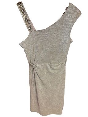 Jackie Jon Size 12 One Shoulder Champagne Metallic Cocktail Dress Beaded Wedding